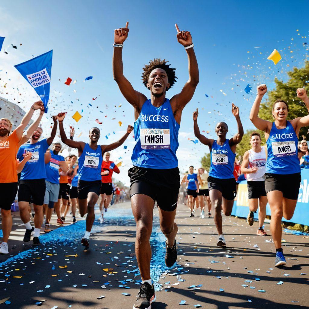 A dynamic scene of a person triumphantly crossing a finish line with confetti falling around, symbolizing success. In the background, a diverse group of enthusiastic supporters holds up banners with motivational quotes. The sky is a bright blue, filled with inspiring elements like stars and success icons (e.g., trophies, checkmarks). The overall feel is energetic and uplifting. super-realistic. vibrant colors. 3D.