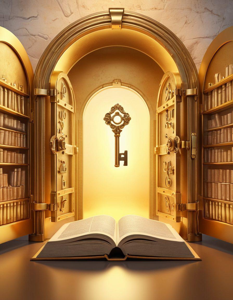 A golden key unlocking a vault filled with shining success symbols like trophies, books, and light bulbs. The background features a soft gradient representing dawn, signifying new beginnings and opportunities. An open book is placed beside the vault, with glowing pages suggesting wisdom and insights. Enrich the image with a warm and inviting aura to inspire motivation. super-realistic. vibrant colors.